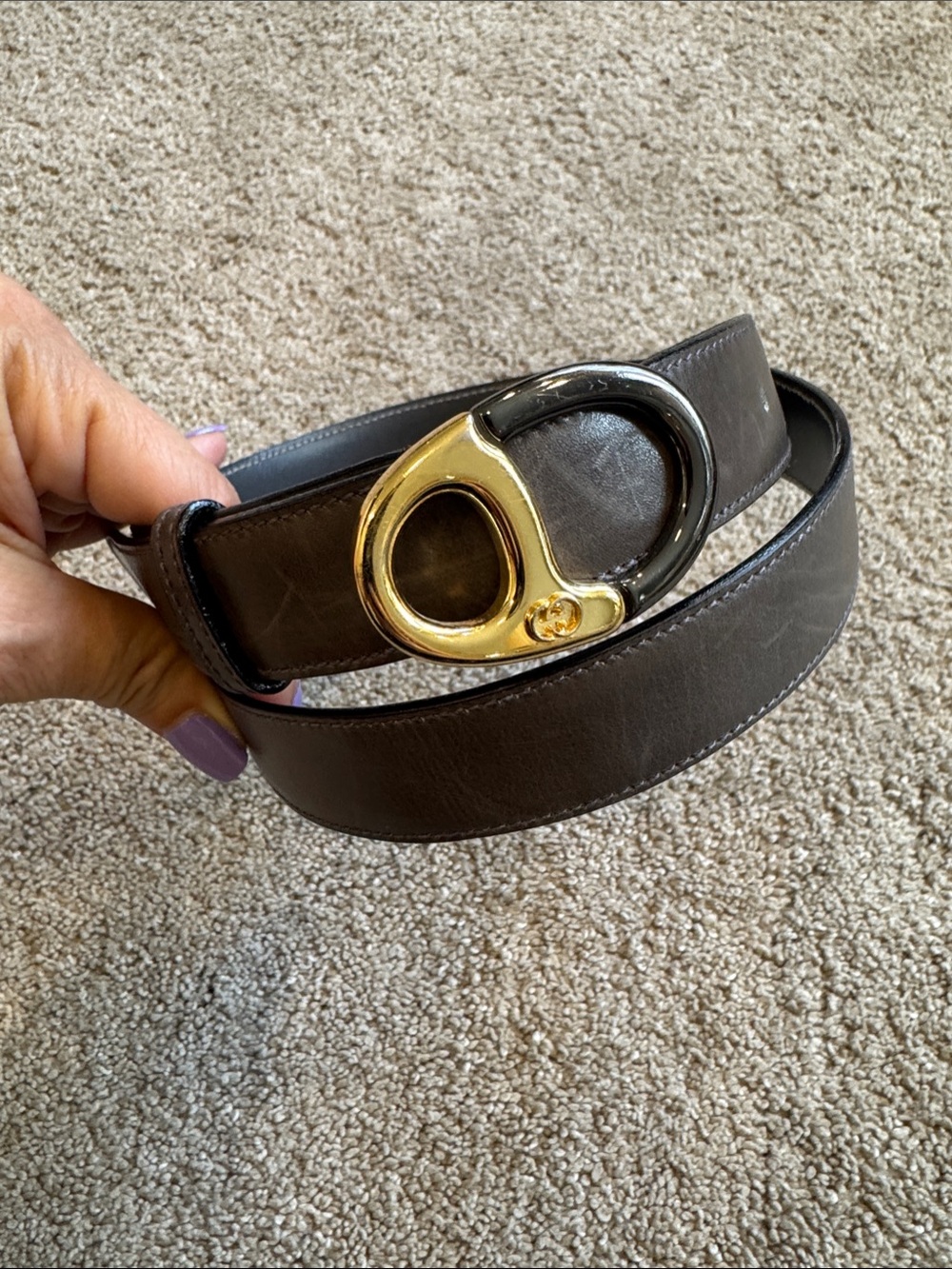 Gucci Brown Leather Belt with Gold & Black Signature Oval Buckle